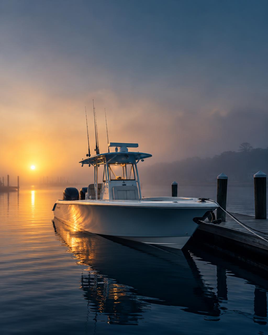 Center-console boat at a marina dock at dawn